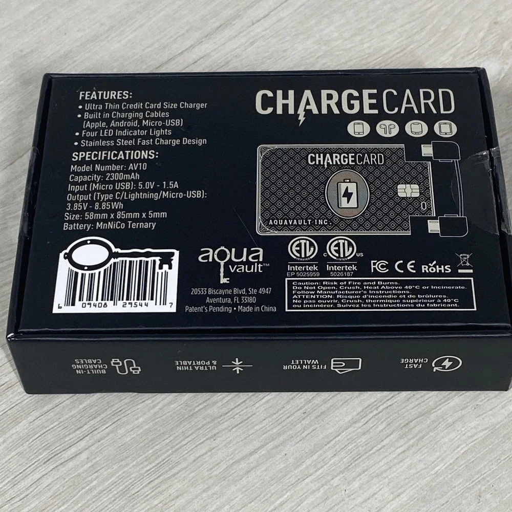 AquaVault ChargeCard Ultra Thin Credit Card Size Portable Power Bank Charger